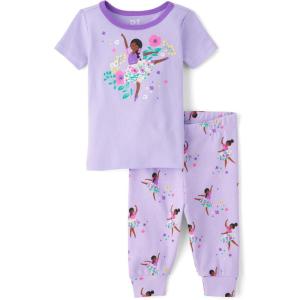 imageThe Childrens Place And Toddler Short Sleeve Top and Pants Snug Fit 100 Cotton 2 Piece Pajama SetLavander Girl