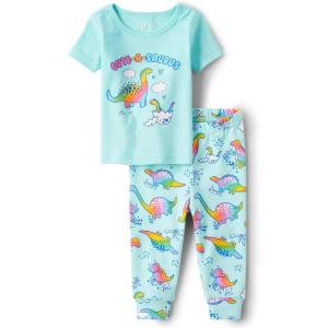 imageThe Childrens Place And Toddler Short Sleeve Top and Pants Snug Fit 100 Cotton 2 Piece Pajama SetRainbow Dino