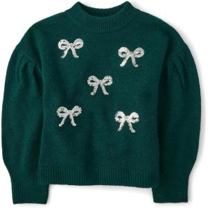 imageThe Childrens Place Girls Long Sleeve Crew Neck Pullover SweaterBalt Green Bows