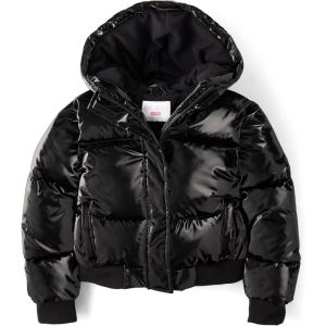 imageThe Childrens Place girls Water and Wind Resistant Hooded Zip Front Bomber Puffer JacketBlack