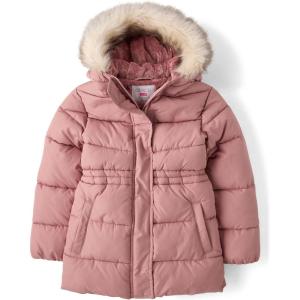 imageThe Childrens Place girls Water and Wind Resistant Hooded Zip Front Mid Length Puffer Jacket Faux Fur LinedPrecious Pink