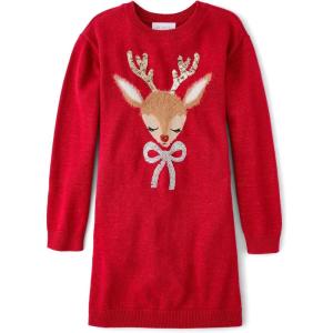 imageThe Childrens Place Girls Long Sleeve Sweater DressClassic Red Reindeer