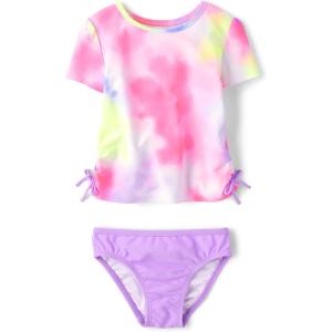 imageThe Childrens Place Girls and Toddler Short Sleeve Rashguard SwimsetNeon Tie Dye