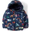 imageThe Childrens Place babyboys And Toddler Boys Medium Weight Windresistant Waterresistant Puffer JacketNavy Construction Trucks