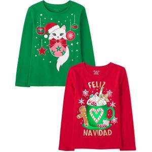 imageThe Childrens Place UnisexChild All HolidaysBirthdays Long Sleeve Graphic TShirts2 PackCat OrnamentsFeliz Navidad