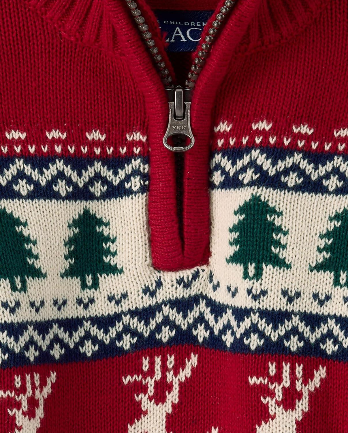 imageThe Childrens Place Baby Boys and Toddler Long Sleeve Quarter Zip Pullover SweaterRedochre Fairisle