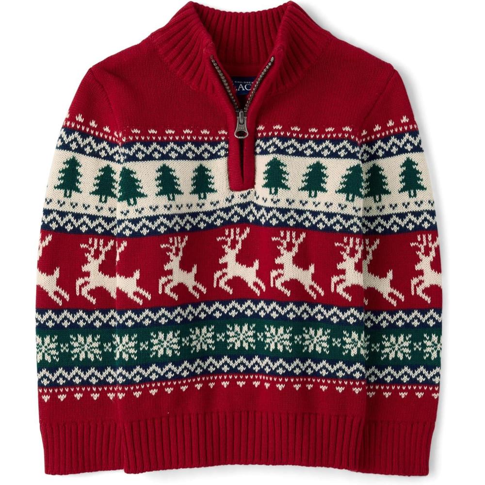 imageThe Childrens Place Baby Boys and Toddler Long Sleeve Quarter Zip Pullover SweaterRedochre Fairisle