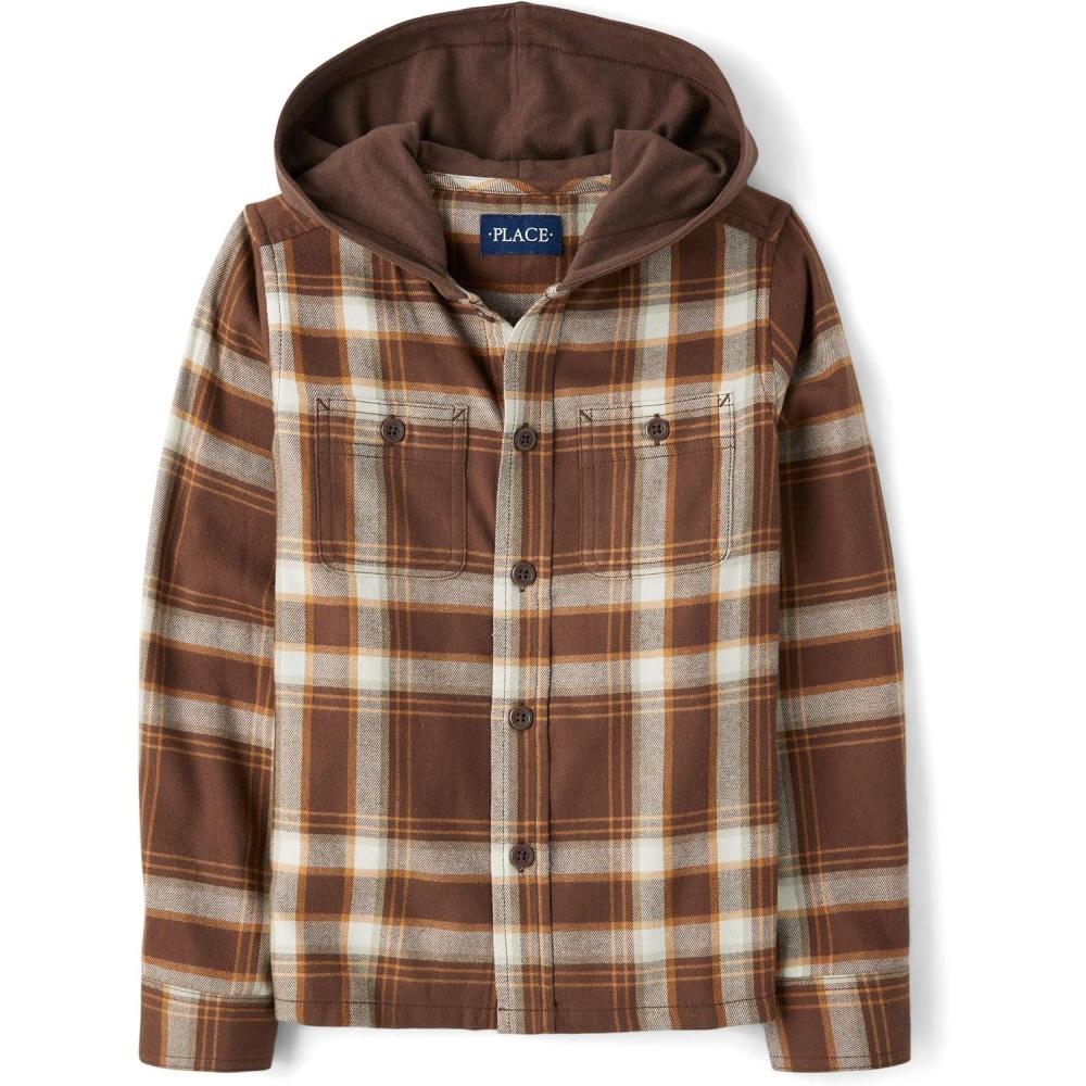 imageThe Childrens Place Boys Long Sleeve Plaid Flannel Button Up ShirtDark Earth Hooded