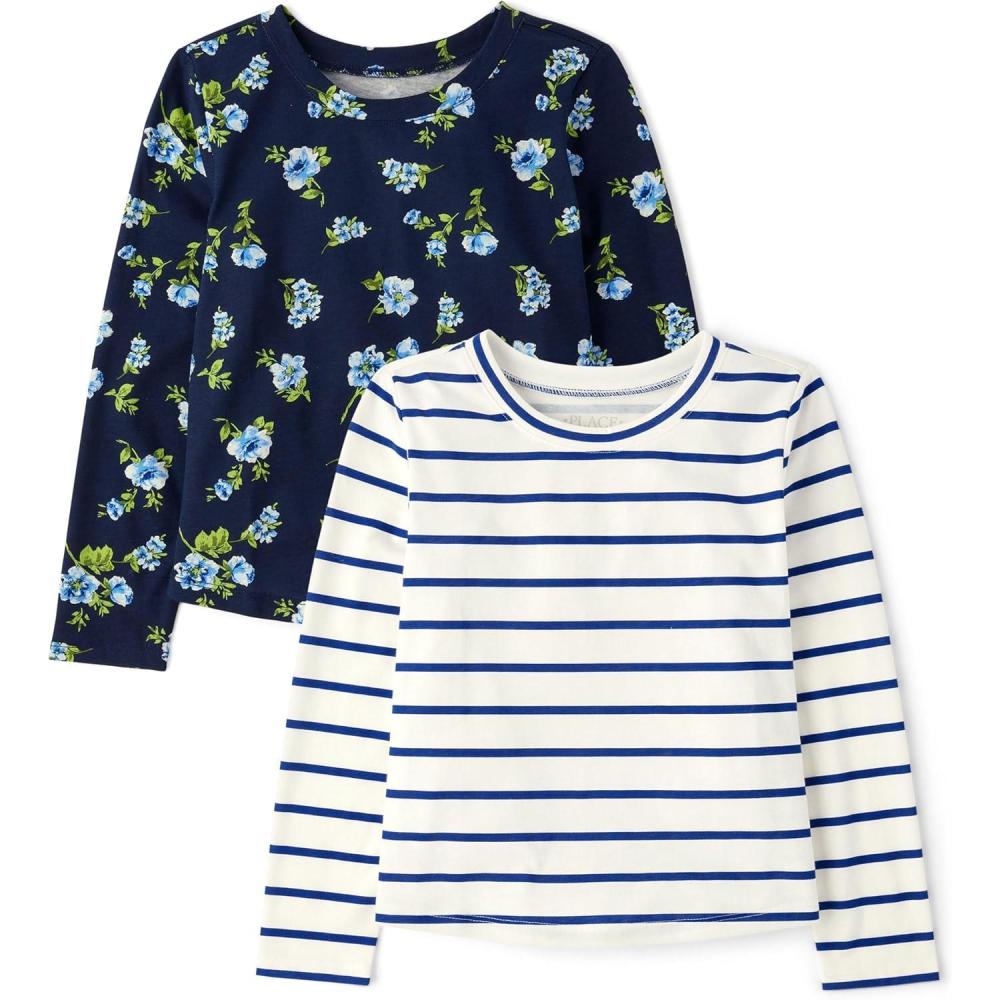 imageThe Childrens Place Girls Long Sleeve Knit Fashion ShirtTidal FloralStriped 2pack