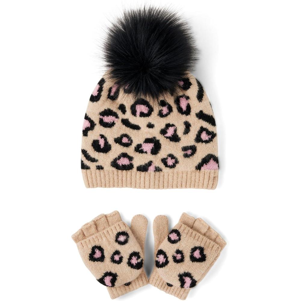imageThe Childrens Place girls Winter Hat and Mittens Cold Weather SetLatte Leopard Set