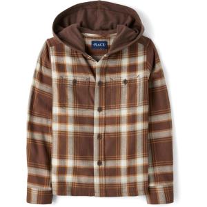imageThe Childrens Place Boys Long Sleeve Plaid Flannel Button Up ShirtDark Earth Hooded
