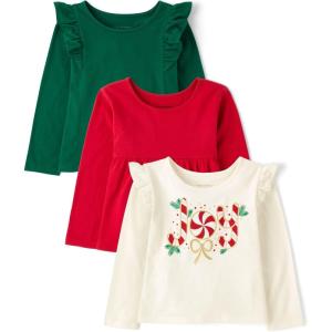 imageThe Childrens Place Girls Long Sleeve Knit Fashion ShirtJoy Candy CaneRedGreen 3pack