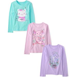 imageThe Childrens PlaceGirlsAssorted Everyday Long Sleeve Graphic TShirtsCatXOLOTLFox 3PackMedium