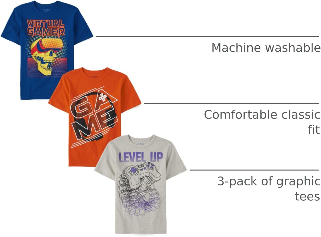 imageThe Childrens Place Boys Boys Short Sleeve Graphic T Shirt 3PackVirtualGameLevel Up 3pack