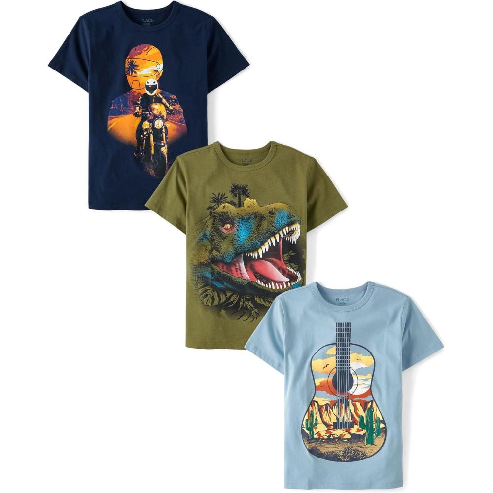 imageThe Childrens Place Boys AnimalsCars Short Sleeve Graphic TShirts3 PackBikerDinoGuitar