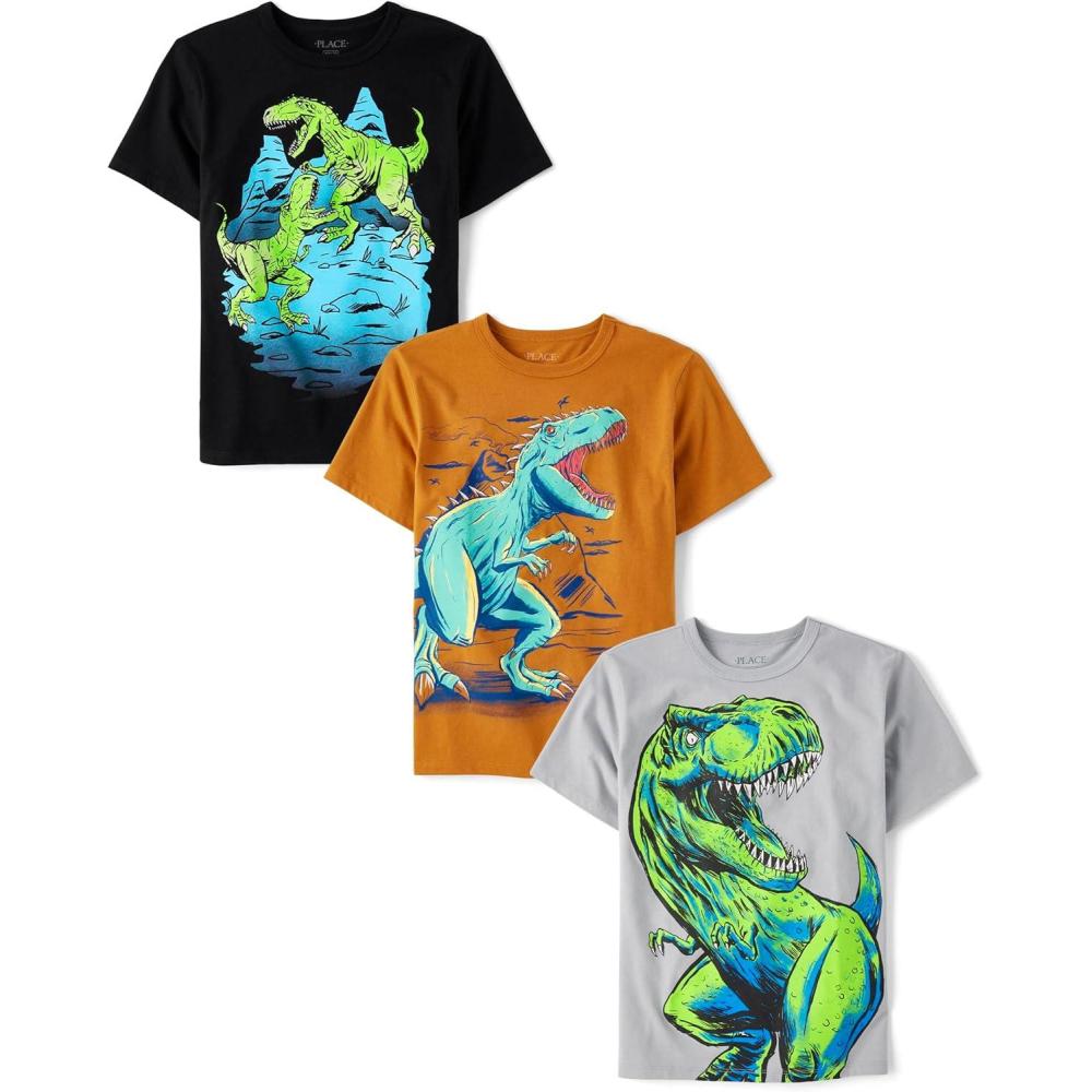 imageThe Childrens Place Boys AnimalsCars Short Sleeve Graphic TShirts3 PackDino BrawlDinoTrex