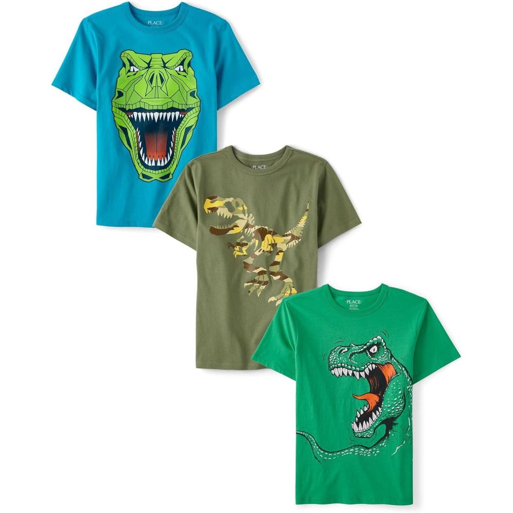 imageThe Childrens Place Boys AnimalsCars Short Sleeve Graphic TShirts3 PackDinoCamo DinoTrex 3pack