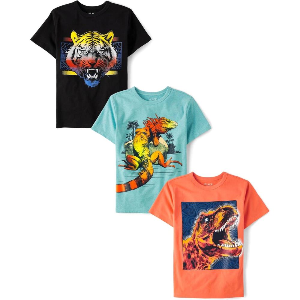 imageThe Childrens Place Boys AnimalsCars Short Sleeve Graphic TShirts3 PackDinoTigerIguana