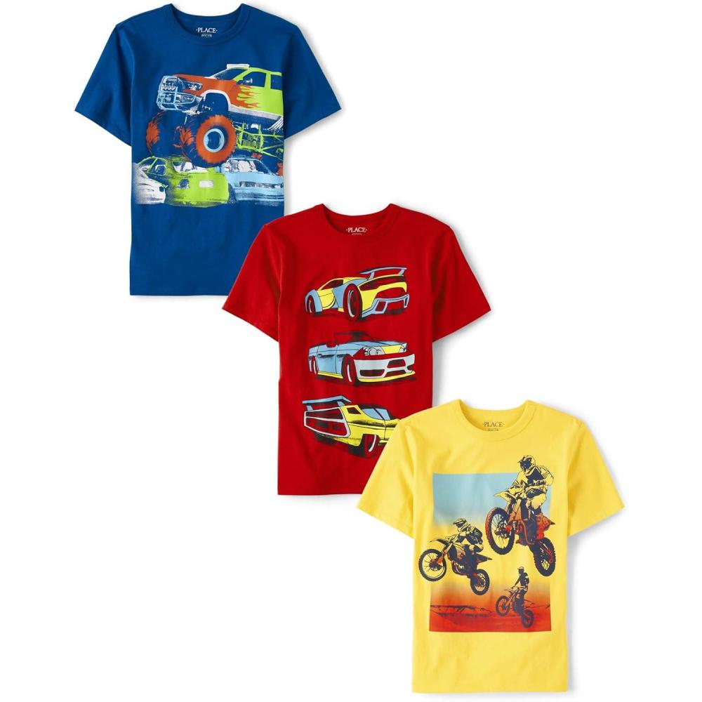 imageThe Childrens Place Boys AnimalsCars Short Sleeve Graphic TShirts3 PackMonster TruckRacecarsDirt Bikes 3pack