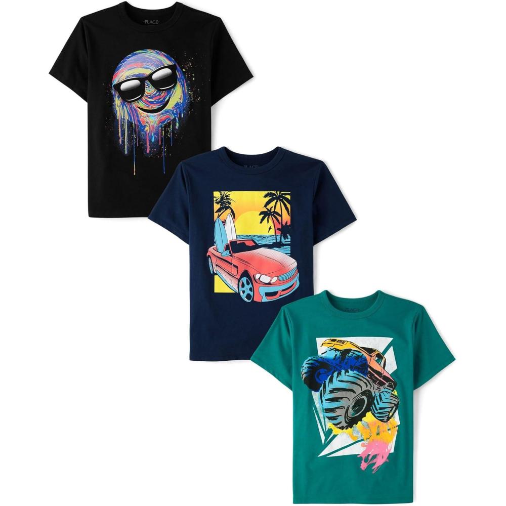 imageThe Childrens Place Boys AnimalsCars Short Sleeve Graphic TShirts3 PackSmileCarMonster Truck