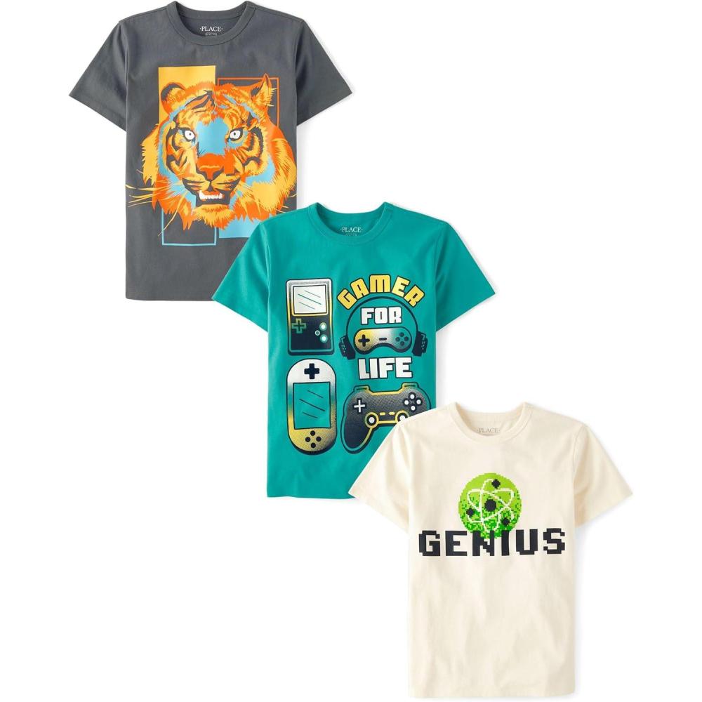 imageThe Childrens Place Boys AnimalsCars Short Sleeve Graphic TShirts3 PackTigerLife GamerGenius