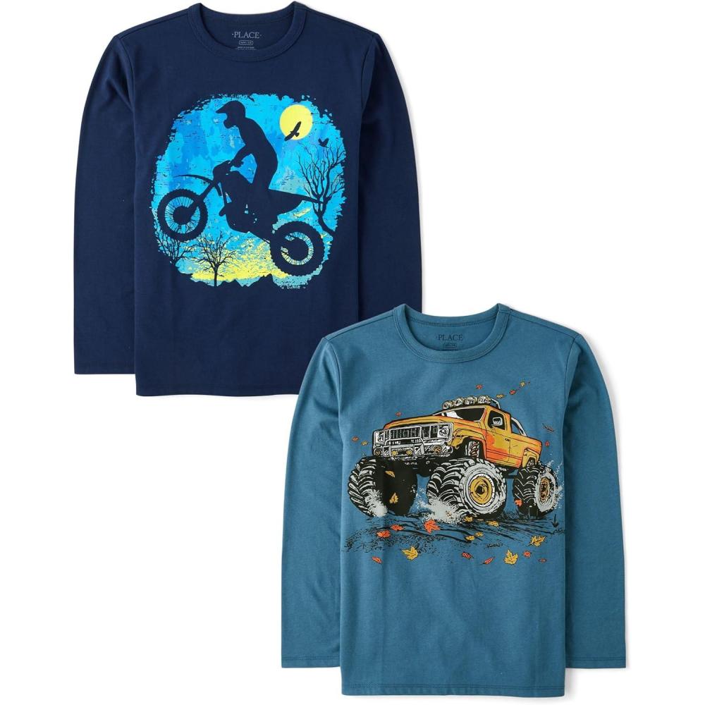imageThe Childrens Place Boys GamerCarsSports Long Sleeve Graphic TShirts2 PackBikerMonster Truck
