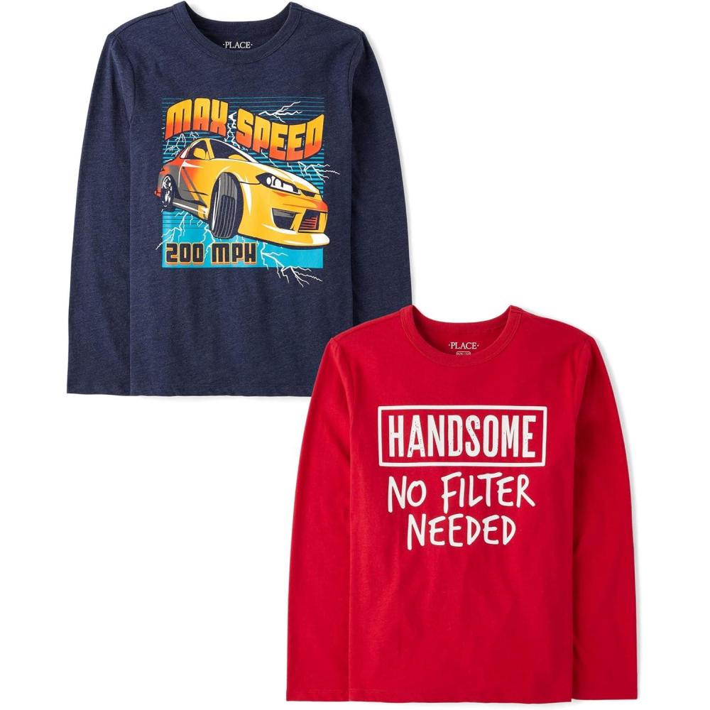 imageThe Childrens Place Boys GamerCarsSports Long Sleeve Graphic TShirts2 PackHandsomeMax Speed