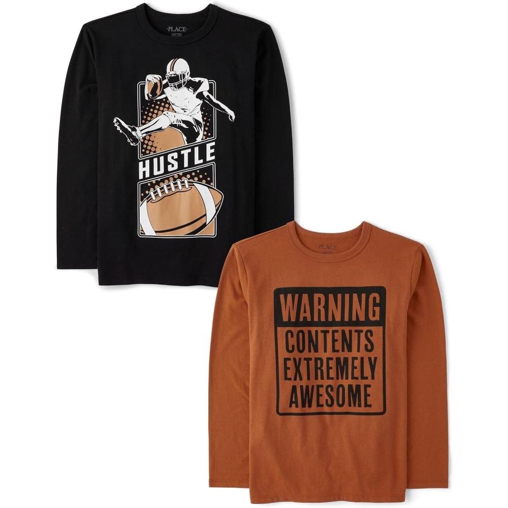 imageThe Childrens Place Boys GamerCarsSports Long Sleeve Graphic TShirts2 PackHustleWarning Awesome