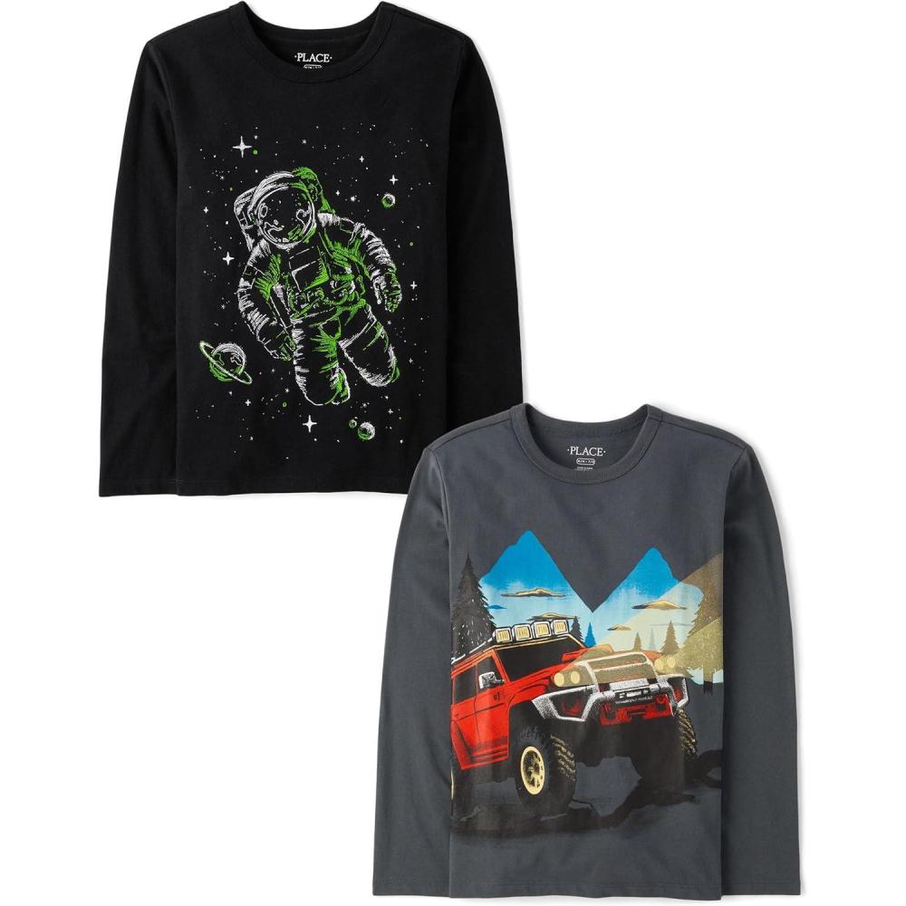 imageThe Childrens Place Boys GamerCarsSports Long Sleeve Graphic TShirts2 PackMonster TruckAstronaut