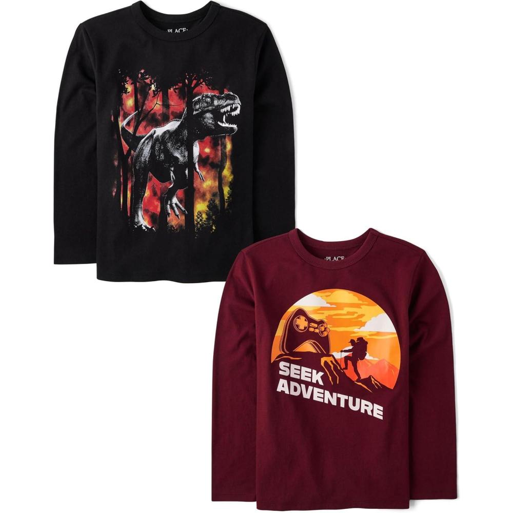 imageThe Childrens Place Boys GamerCarsSports Long Sleeve Graphic TShirts2 PackSeek AdventureDino