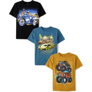 imageThe Childrens Place Boys AnimalsCars Short Sleeve Graphic TShirts3 PackMotorcycleRacecarsMonster Trucks