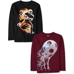 imageThe Childrens Place Boys GamerCarsSports Long Sleeve Graphic TShirts2 PackSoccer BallFootball Player Flame