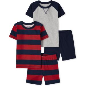 image:imageThe Childrens Place Boys Short Sleeve Top and Shorts Snug Fit 100 Cotton 4 Piece Pajama SetNavyRed Rugby Stripe 2pack