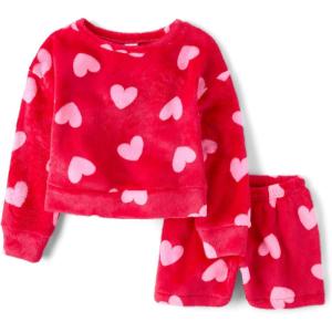 image:imageThe Childrens Place Girls 100 Fleece Long Sleeve Top and Shorts2 Piece Pajama SetRhumba Red Hearts