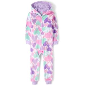 image:imageThe Childrens Place girls Long Sleeve Fleece Zip Up One Piece PajamaWhite Hearts