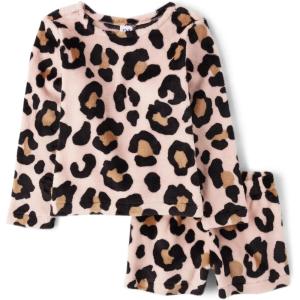 image:imageThe Childrens Place girls Long Sleeve Top and Bottoms Cozy Fleece 2 Piece Pajama SetPink Leopard Shorts