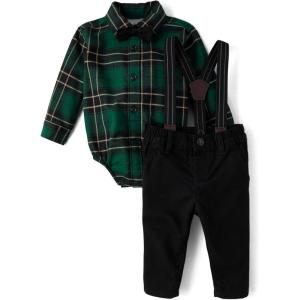 image:imageThe Childrens Place Baby Boys And Newborn Button Down Shirt and Pants 2 Piece OutfitGreen Plaid Set