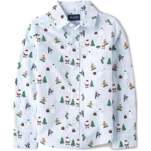 image:imageThe Childrens Place Baby Boys and Toddler Poplin Long Sleeve Button Down ShirtHoliday Print