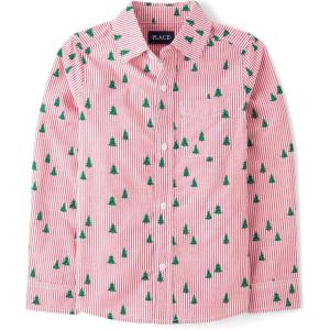 image:imageThe Childrens Place Baby Boys and Toddler Poplin Long Sleeve Button Down ShirtRed Trees