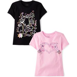 image:imageThe Childrens Place Girls All HolidaysBirthdays Short Sleeve Graphic TShirts2 PackSkeleton HeartSpooky Icons