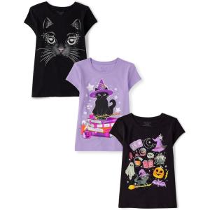 image:imageThe Childrens Place Girls All HolidaysBirthdays Short Sleeve Graphic TShirts3 PackCatWitch CatSpooky Icons