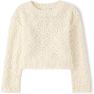 image:imageThe Childrens Place Girls Long Sleeve Crew Neck Pullover SweaterFair Ivory Crochet