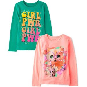 image:imageThe Childrens Place Girls UnicornsSportsButterflies Long Sleeve Graphic TShirts2 PackCat GlassesGirl Pwr