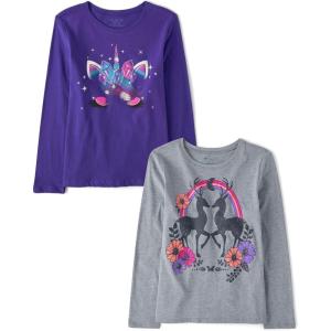 image:imageThe Childrens Place Girls UnicornsSportsButterflies Long Sleeve Graphic TShirts2 PackDeerUnicorn Face