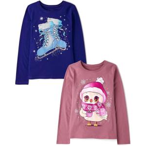 image:imageThe Childrens Place Girls UnicornsSportsButterflies Long Sleeve Graphic TShirts2 PackOwl ScarfIce Skates