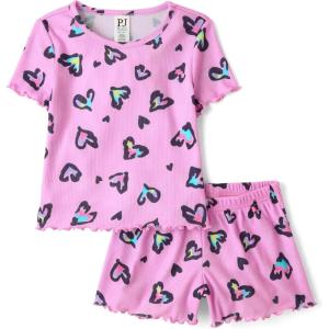 image:imageThe Childrens Place Girls Short Sleeve Top and Shorts2 Piece Pajama SetPink Rainbow Hearts