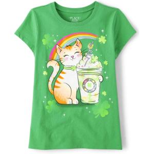 image:imageThe Childrens Place Girls Short Sleeve Graphic TShirtSt Patricks Day Cat Drink