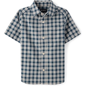 image:imageThe Childrens Place Boys Short Sleeve Poplin Button Down ShirtInk Plaid