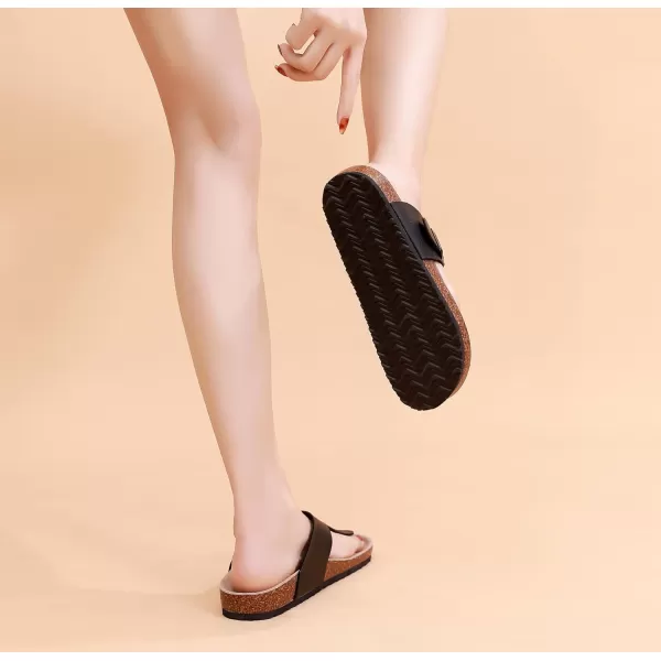 Women's Cork Thong Footbed Sandals - Cow Suede Slide Sandals for Women with Adjustable Strap Buckle Open Toe Beach Sandals