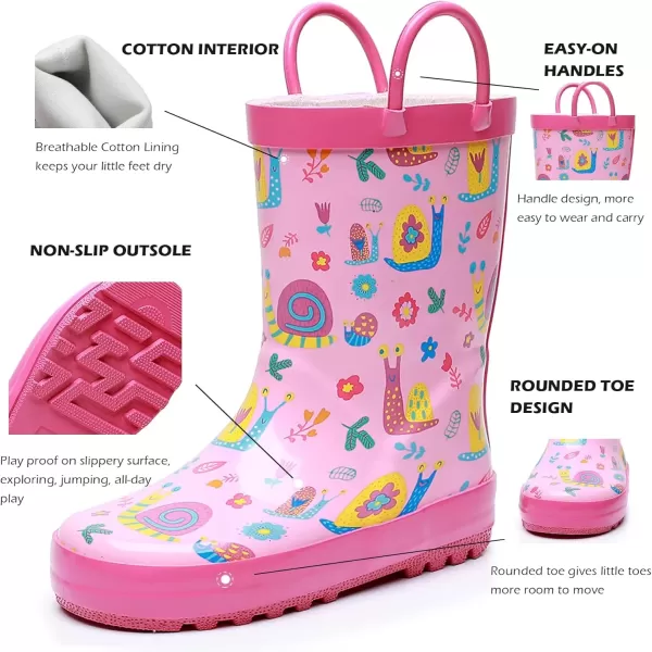 imageWTW Toddler and Kids Rain Boots with EasyOn Handles UnisexChild Waterproof Rubber Rain Boots in Fun Patterns for Girls and Boys ToddlerLittle KidBig KidSnails